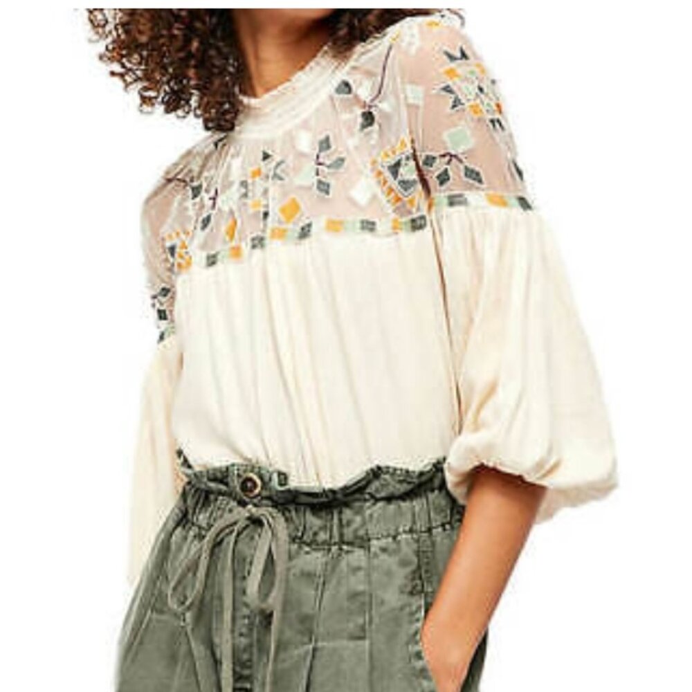Free People Cream and Multicolor Embroidered Blouse